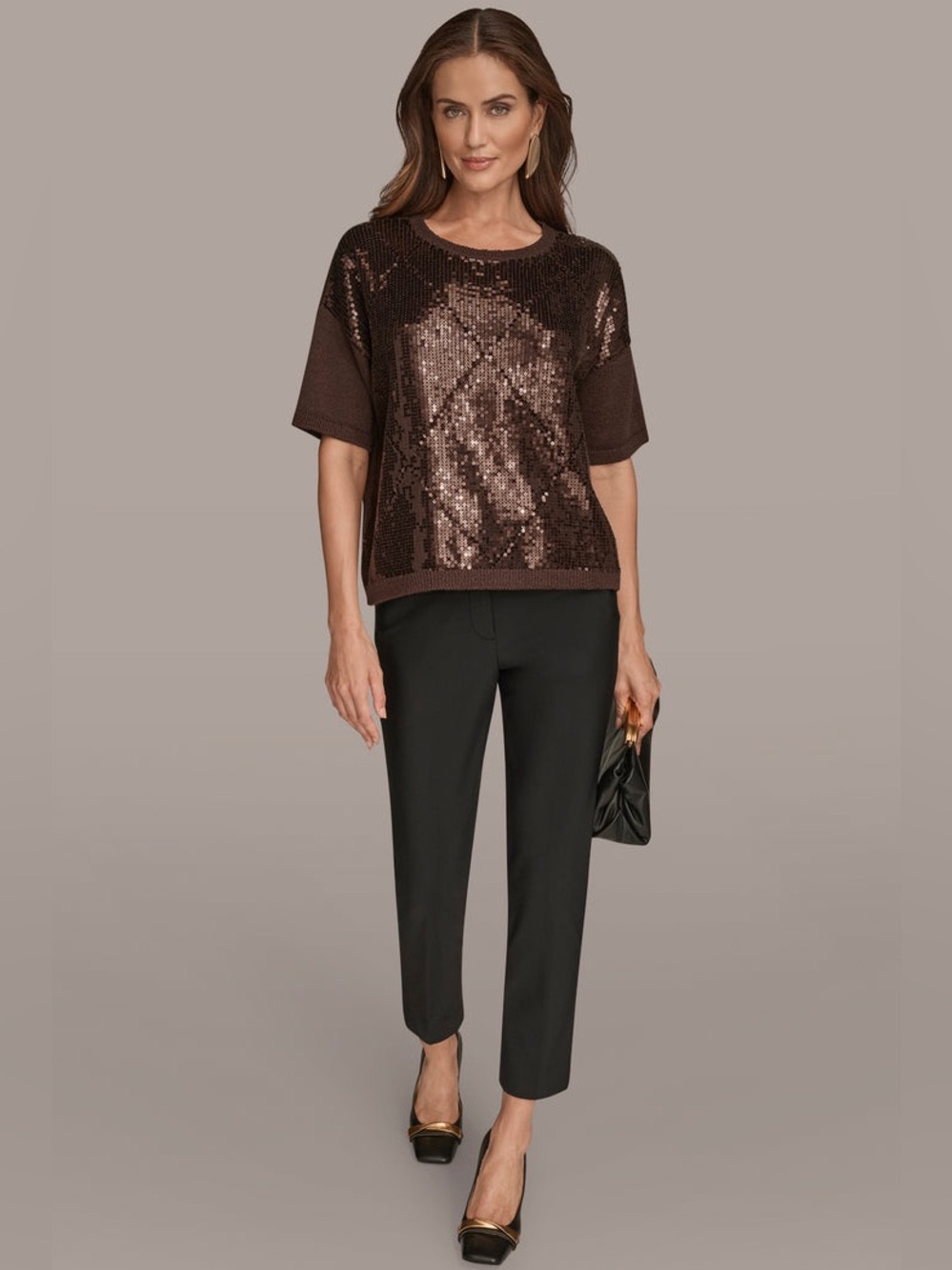 Donna Karan Sequin-Paneled Diamond Stitch Sweater in Chocolate Brown NWT - Picture 6 of 11